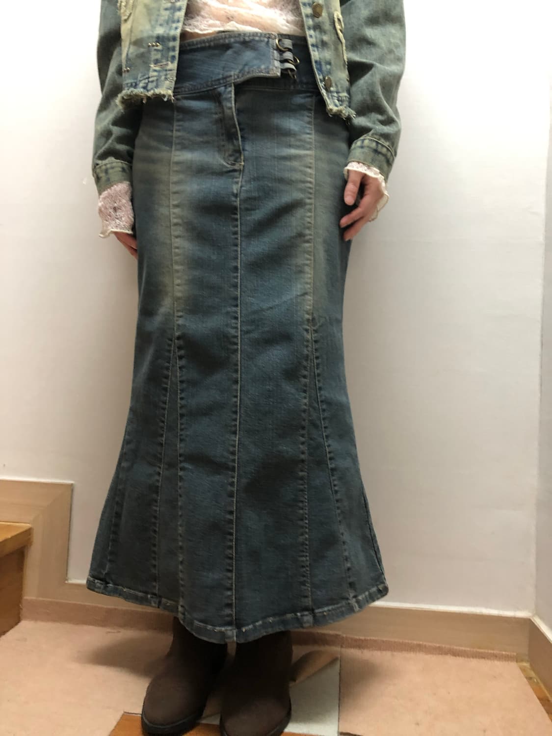 빈티지 데님 워싱 벨티드 롱 스커트 상품이미지4