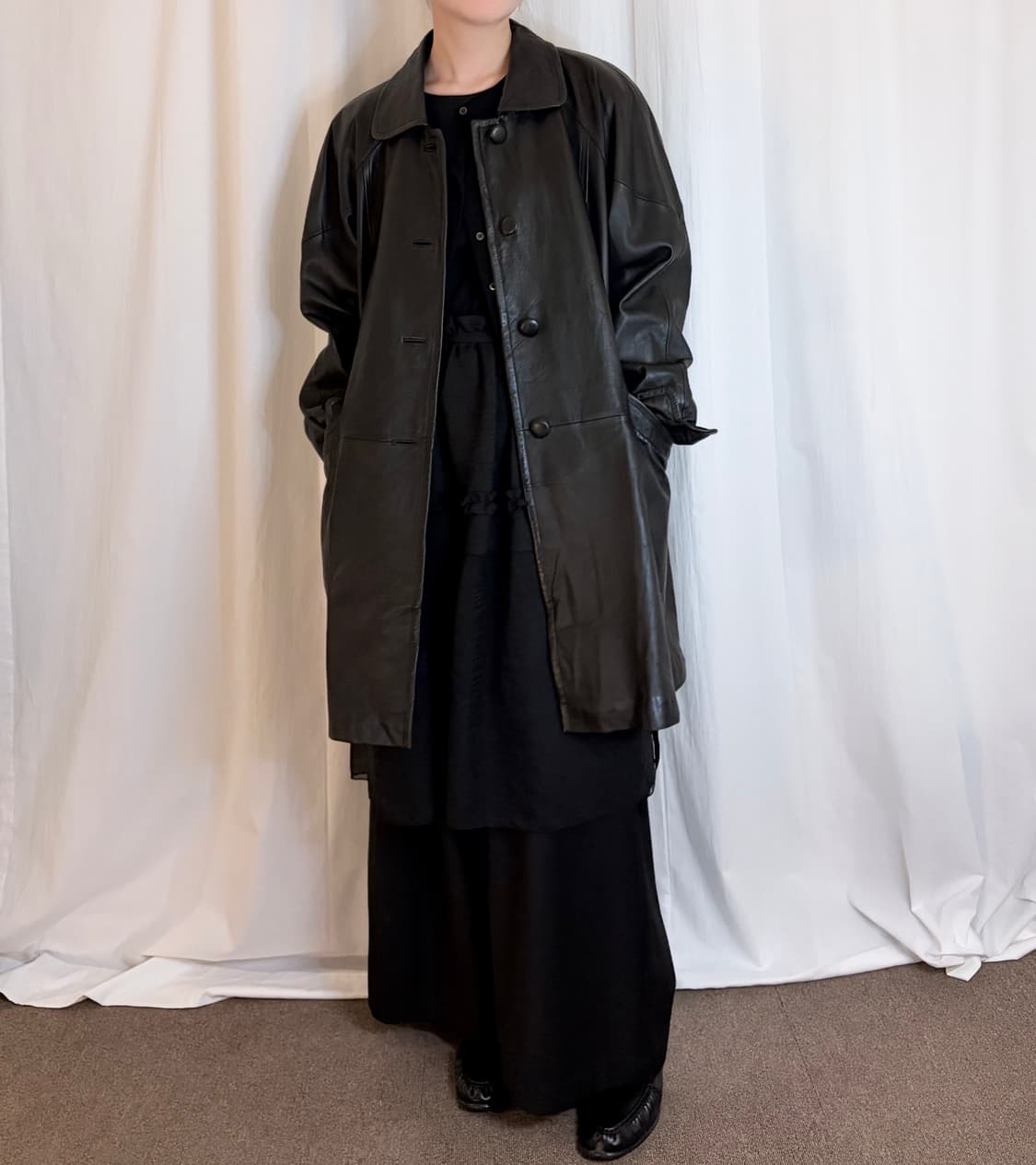 Raglan Leather Midi Coat - Black 상품이미지2