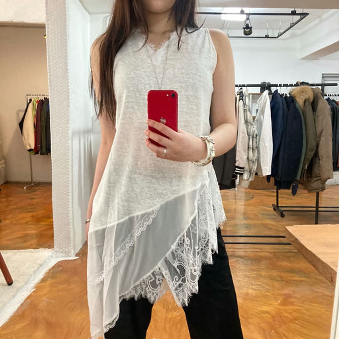 빈티지 페미닌 레이스 트림 비대칭 헴라인 나시 원피스 상품이미지9