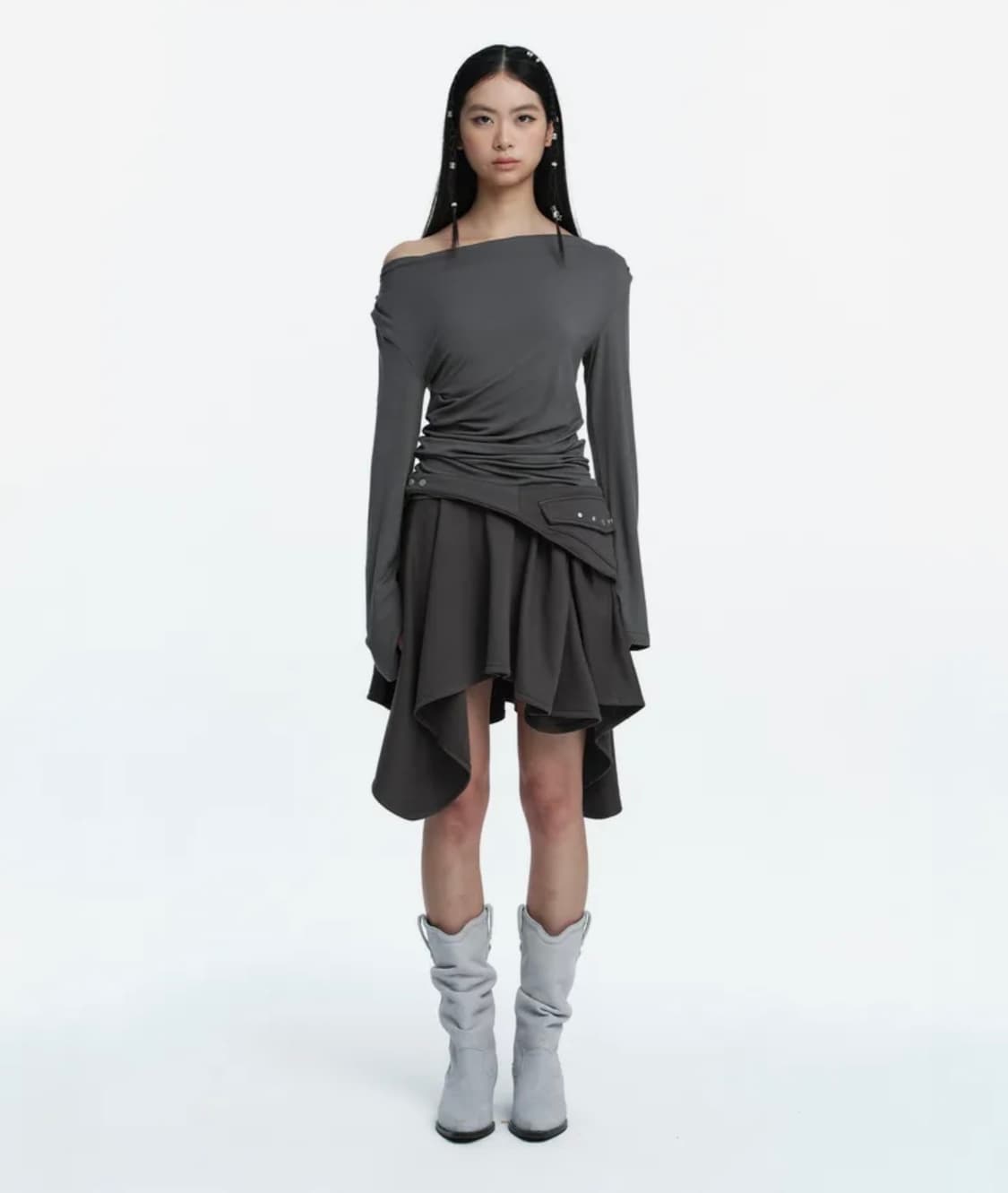 러프넥 벨티드 포켓 드레이프 스커트 그레이 s 상품이미지1