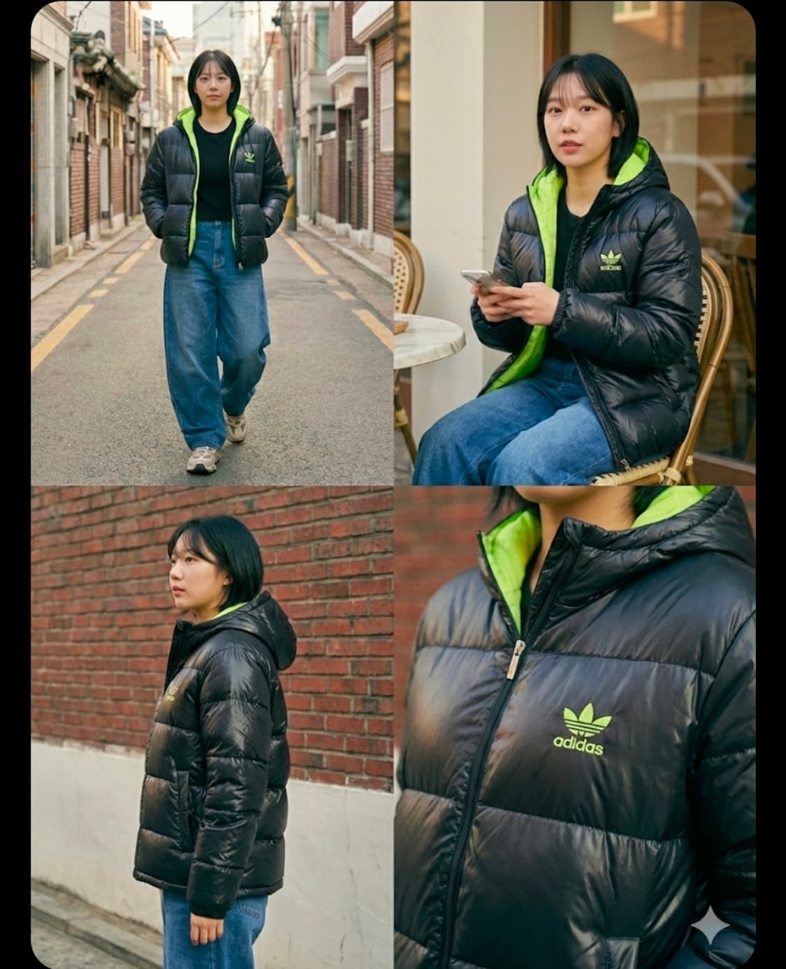 [아디다스] Y2K 감성 유광 블랙 네온 라임 배색 덕다운 패딩 90 상품이미지2