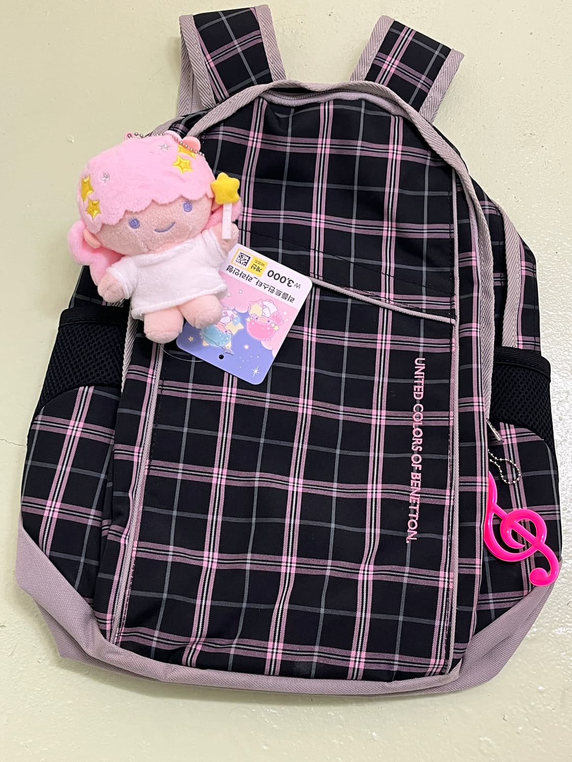 베네통 블랙 핑크 체크 백팩 💕 상품이미지3