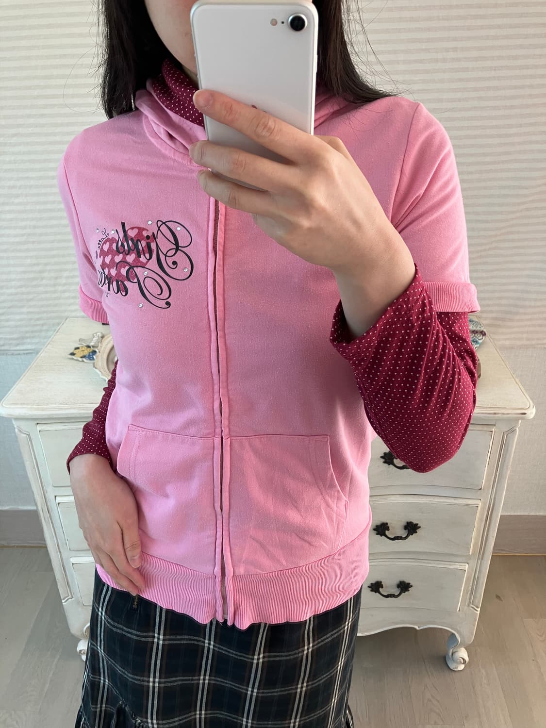 Set) 핑크 레드와인 도트 레이어드 후드 집업 상품이미지1