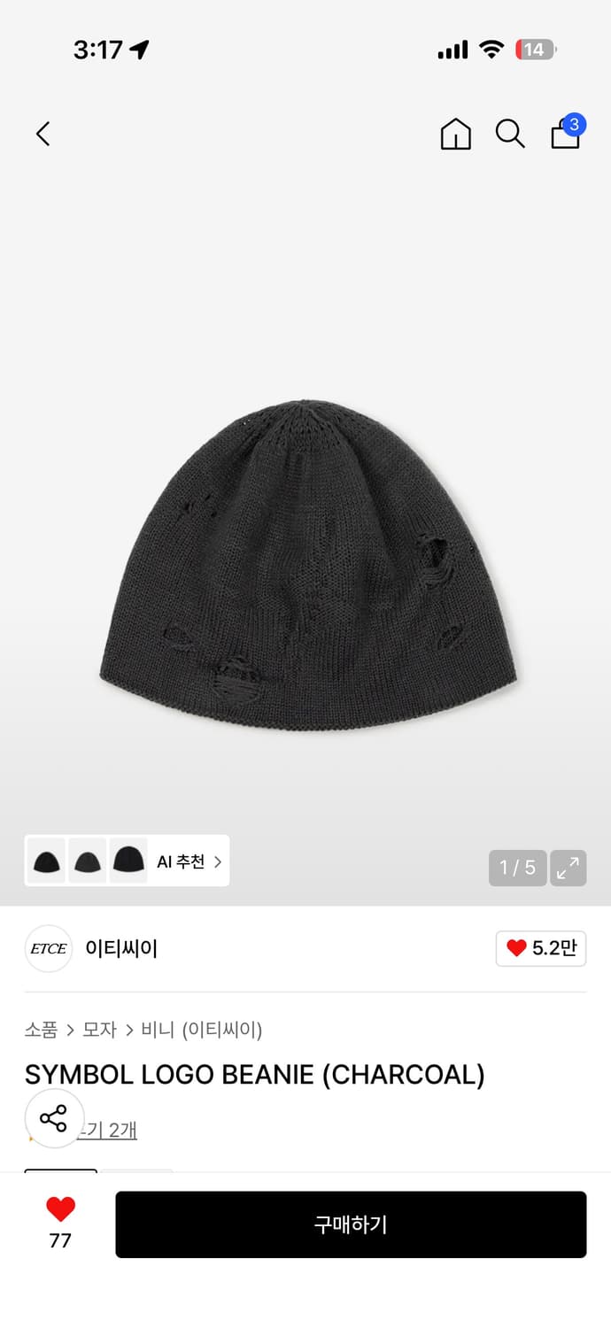 이티씨이 심볼 로고 비니 차콜 상품이미지1