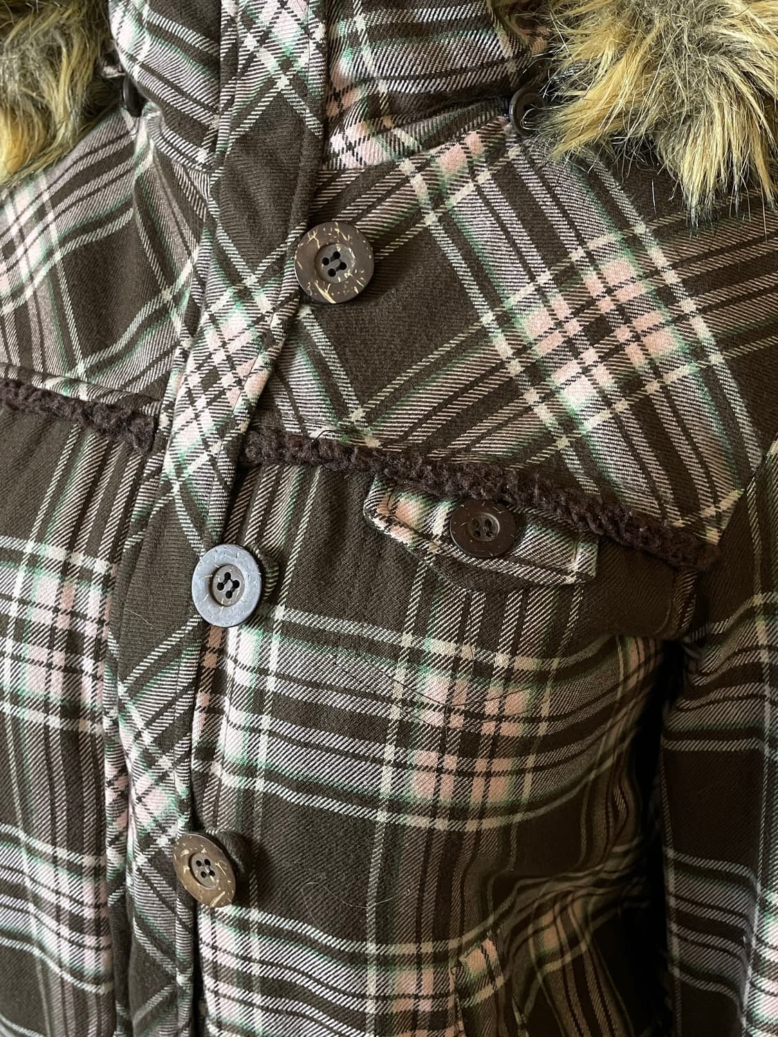 JPN 갸루 핑크 민트 딸기초코 체크 패턴 하이넥 퍼 자켓 상품이미지4