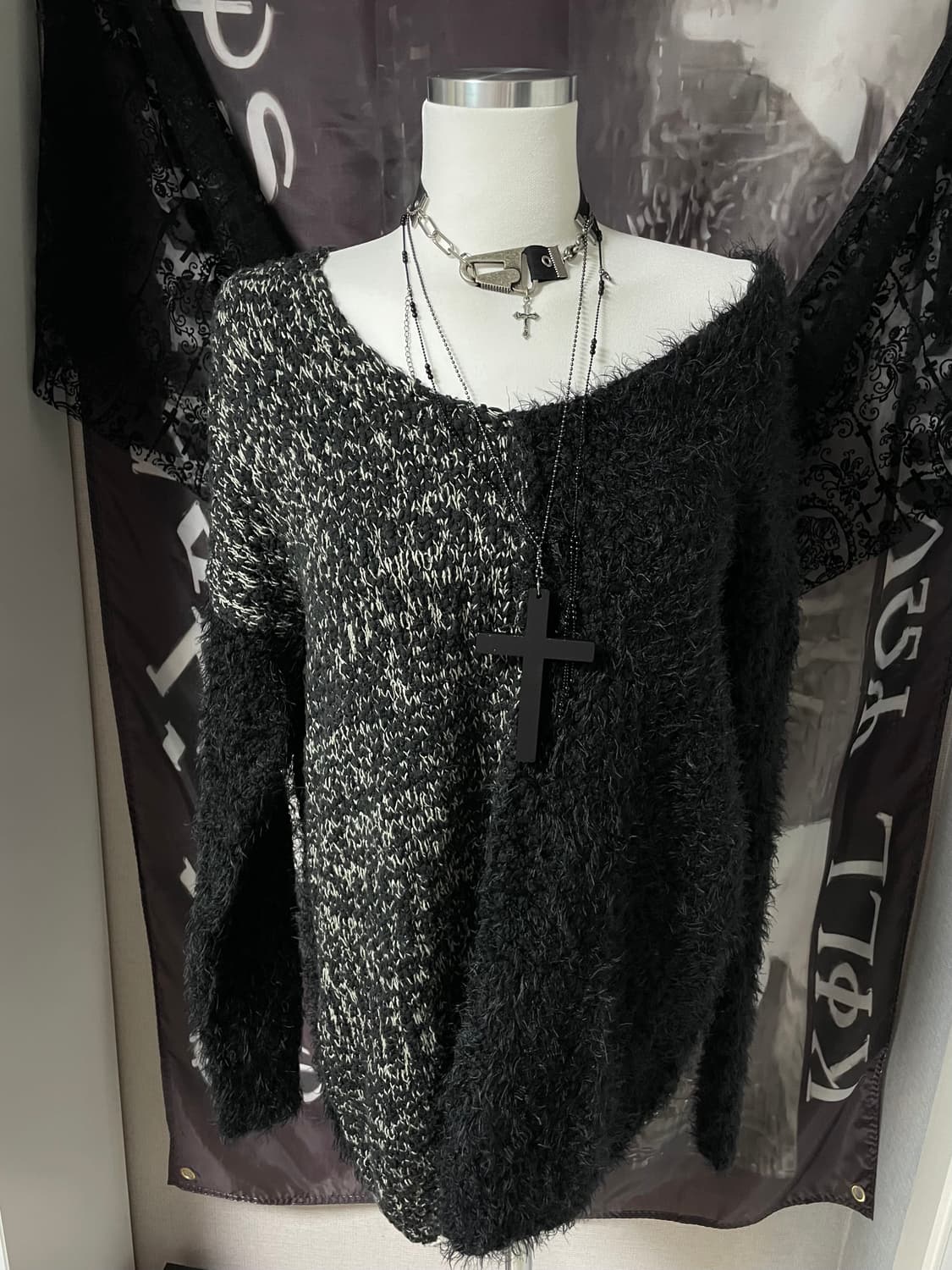 JPN 그런지 트리밍 오프숄더 루즈핏 니트 고딕고스펑크오네갸루다크웨어 상품이미지2