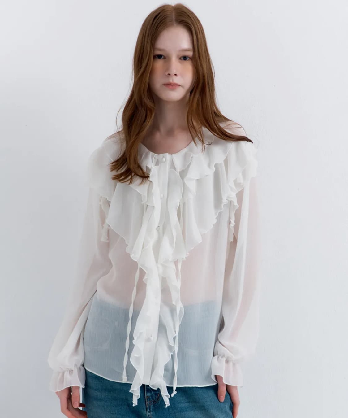 레이버러스 시스루 프릴 블라우스 화이트 상품이미지2