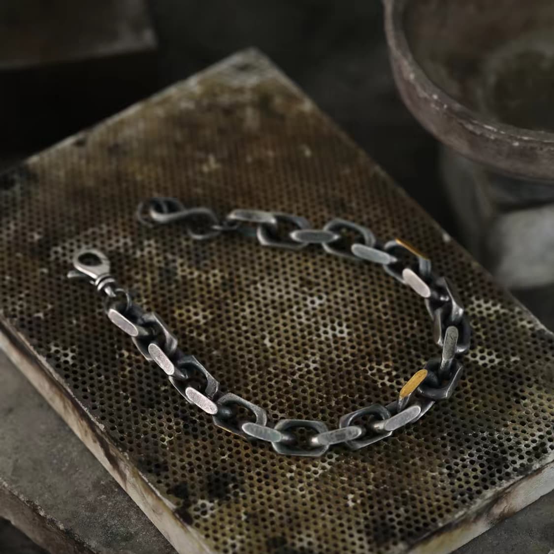 Oceanora S925 스털링 실버 남성용 골드 도금 헤 비 팔찌 상품이미지2