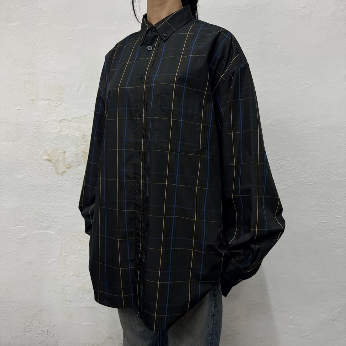 빔즈(BEAMS DoT) 브라운 믹스 체크 패턴 혼방 빅실루엣 셔츠 상품이미지1