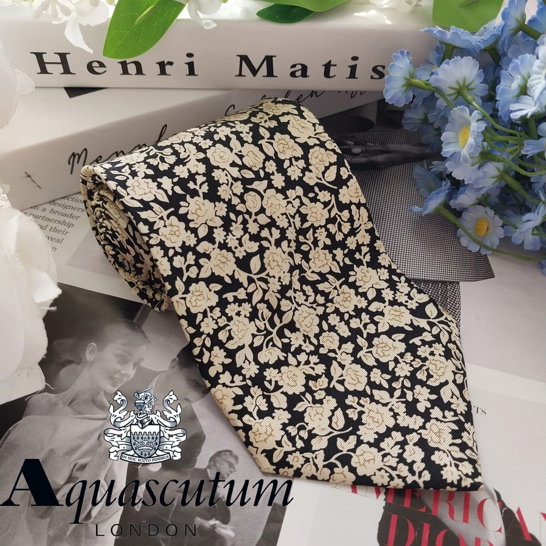 아쿠아스큐텀 실크 블랙 플로럴 넥타이 9.5cm A+등급 k1739 상품이미지2