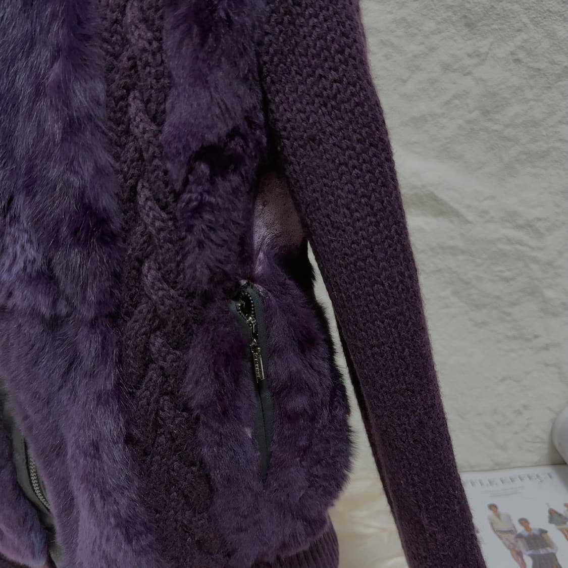 빈티지 다크 퍼플 폭스퍼 카라 토끼털 꽈배기 니트자켓 가디건 상품이미지2
