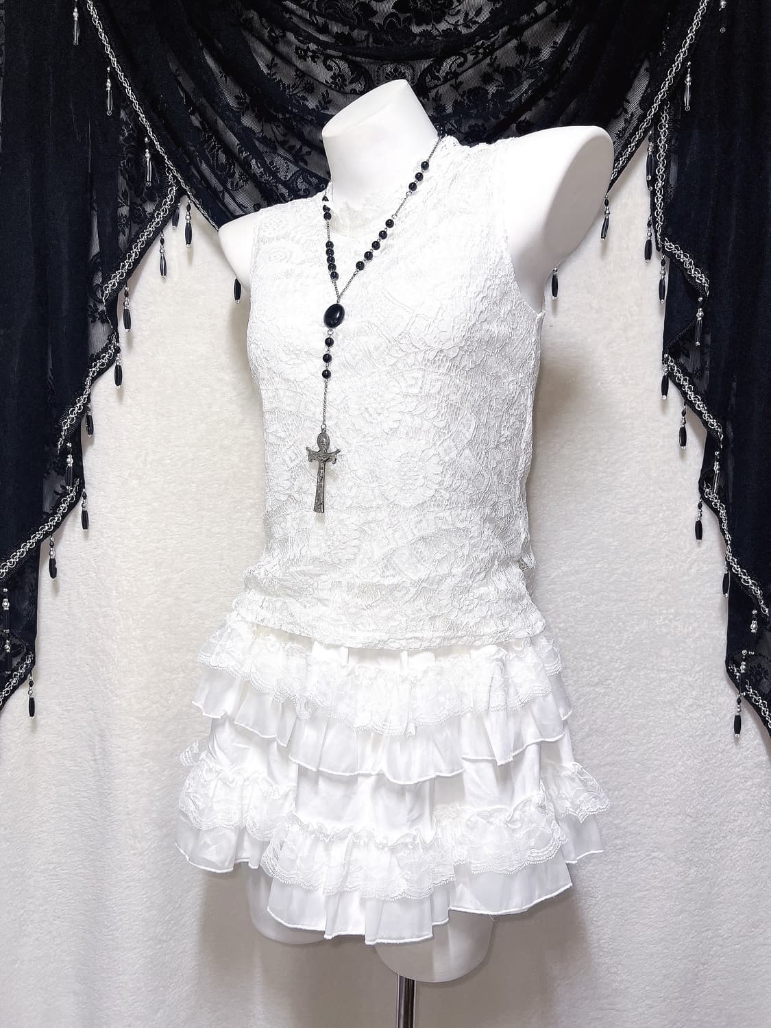 로맨틱고딕 엔젤릭 로걀 갸루 화이트 레이스 홀터 슬리브리스 나시 페어리 상품이미지2