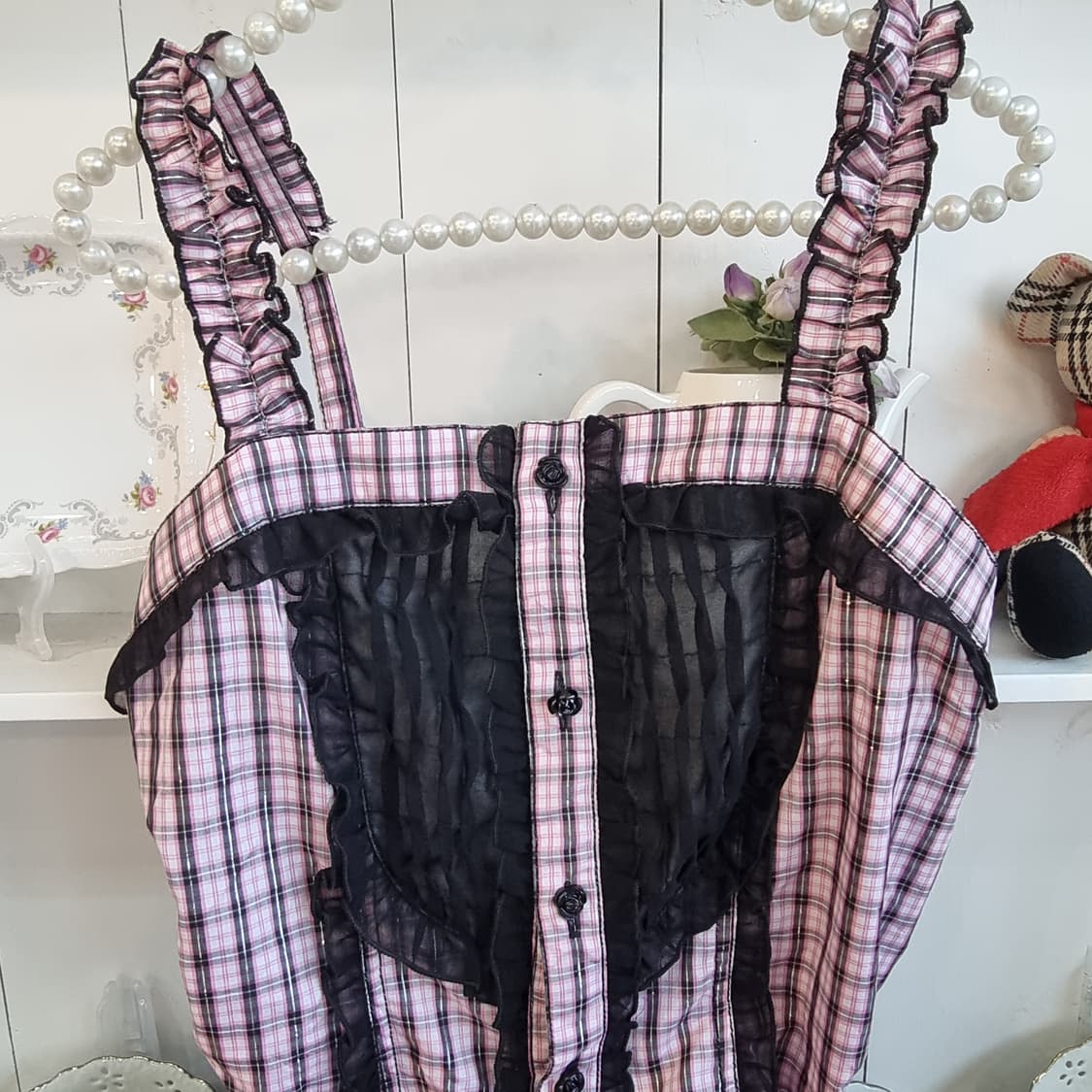 블랙핑크 체크 레이스 코르셋 원피스 상품이미지2