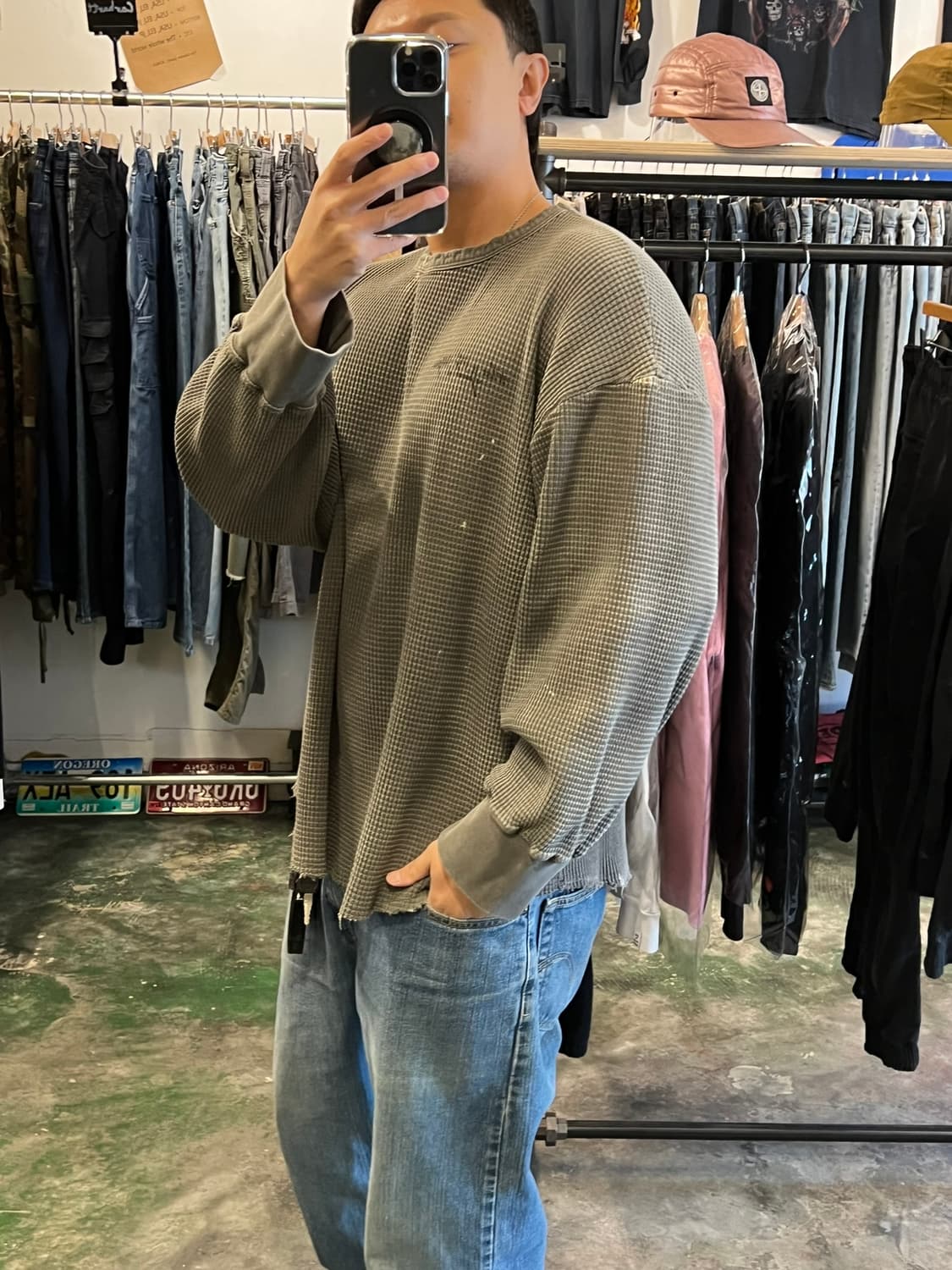 [1] 게더레이지 와이드 컷 와플 슬리브 워시드 카키 상품이미지10