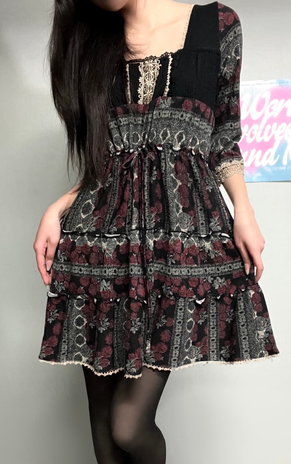 엑시즈팜 엔틱 고스 고딕 레이스 자수 리본 로즈 블랙 원피스  상품이미지3