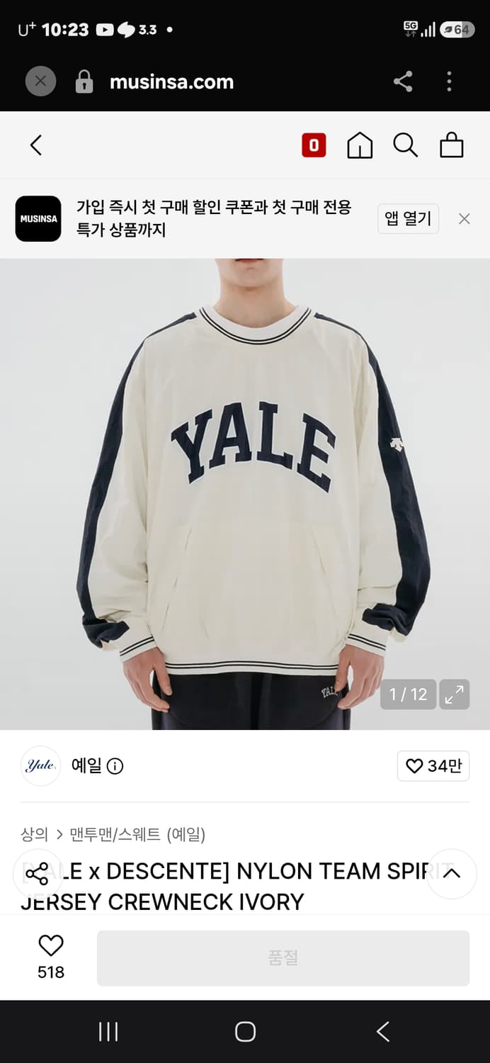 예일 x 데상트 나일론 팀 스피릿 크루넥 L 상품이미지1