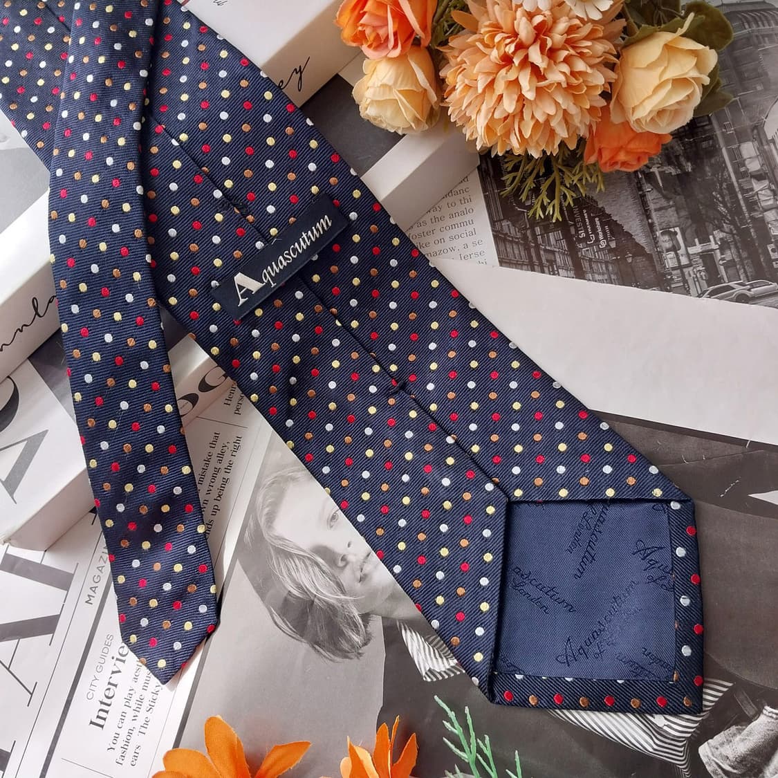 아쿠아스큐텀 실크 네이비 도트 패턴 넥타이 9.7cm A등급 K2572 상품이미지4