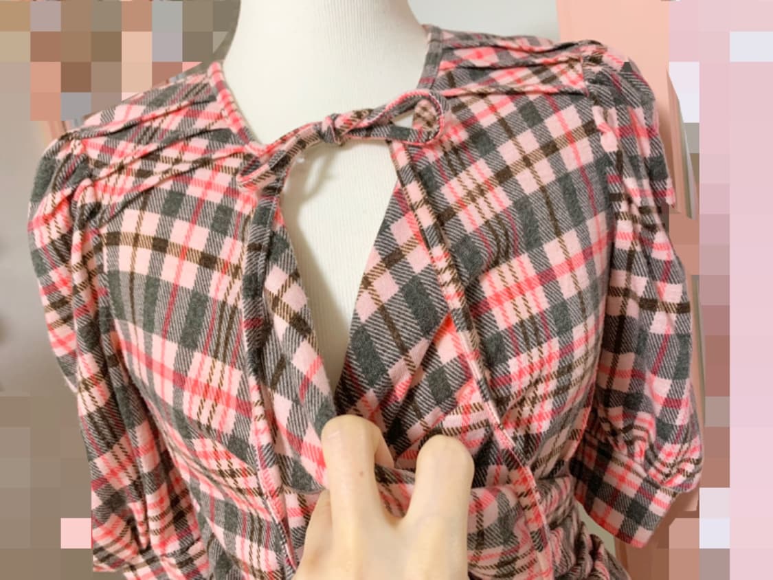  뱅뱅레이디 연핑크 체크 블라우스 호칭90/퍼프소매/페블럼/새거수준 상품이미지3