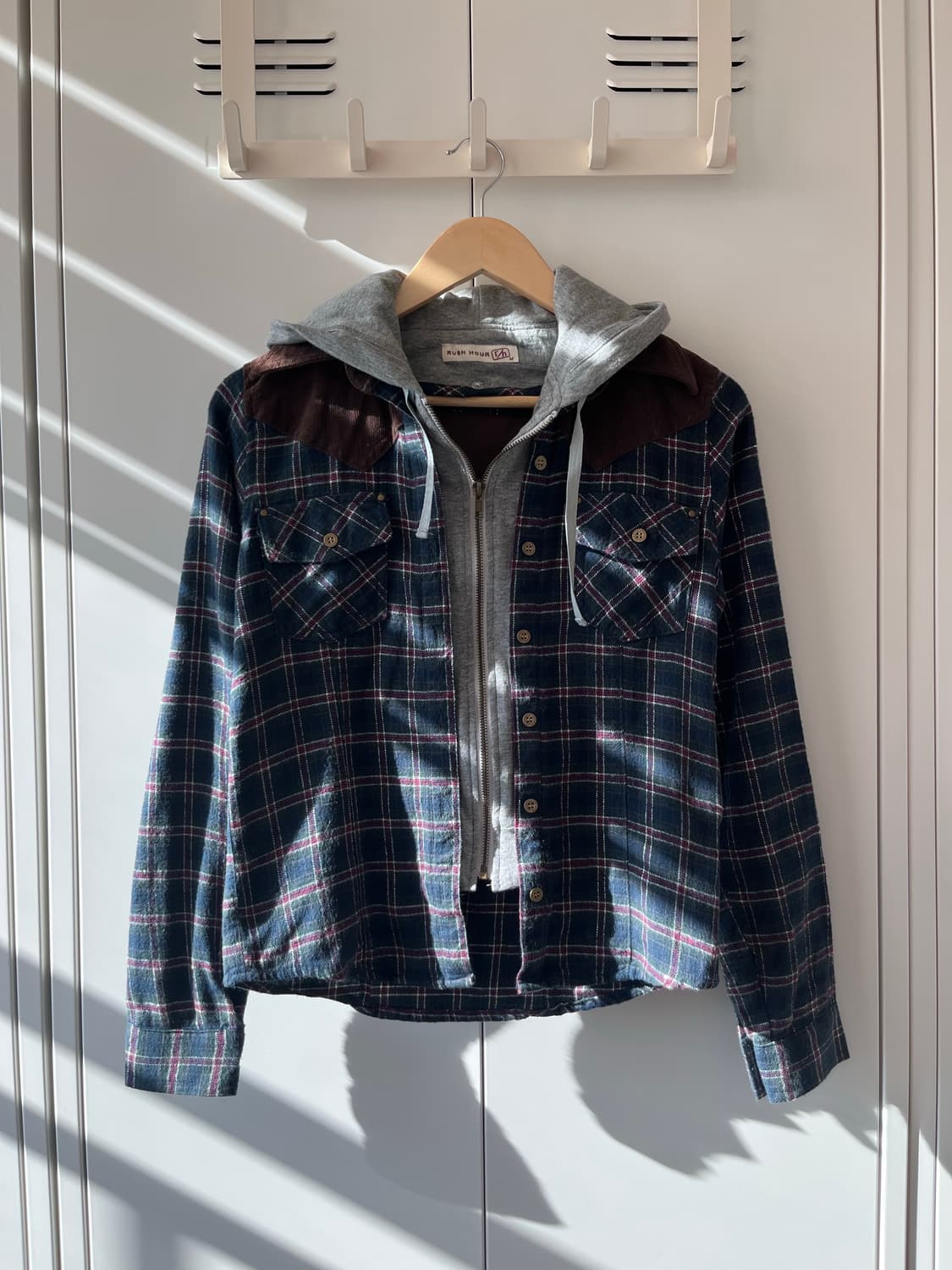 Rush hour 후드 레이어드 체크 남방 집업 상품이미지1