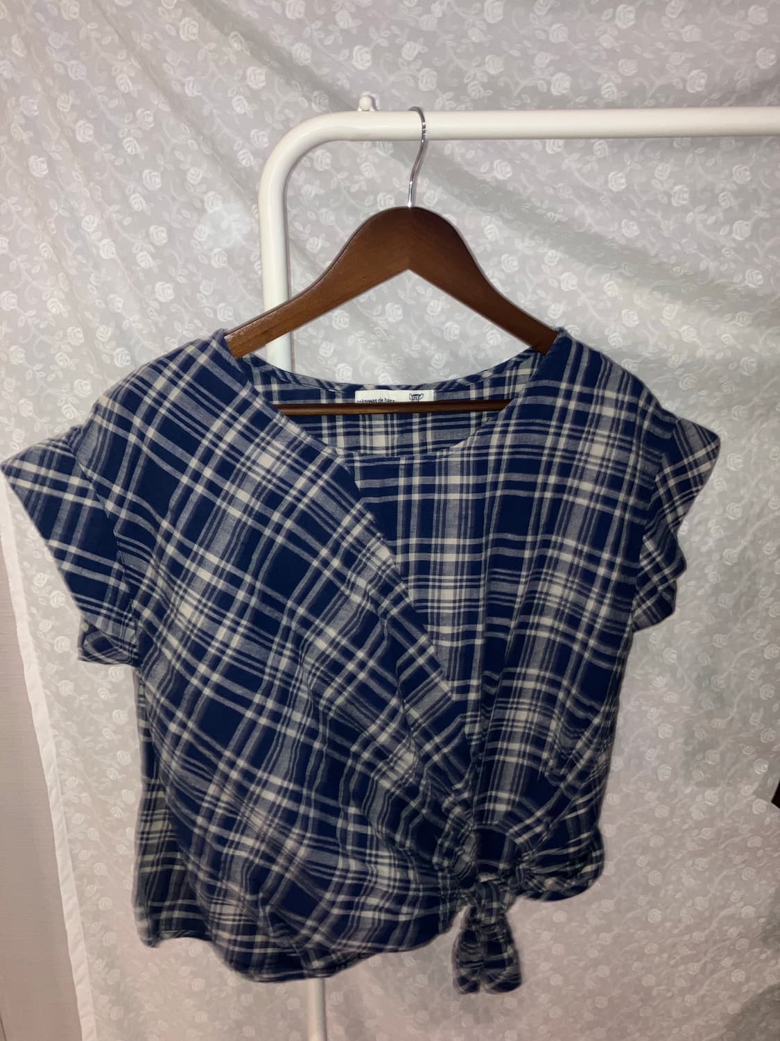 💌 Vintage navy check frill wrap blouse. 상품이미지1