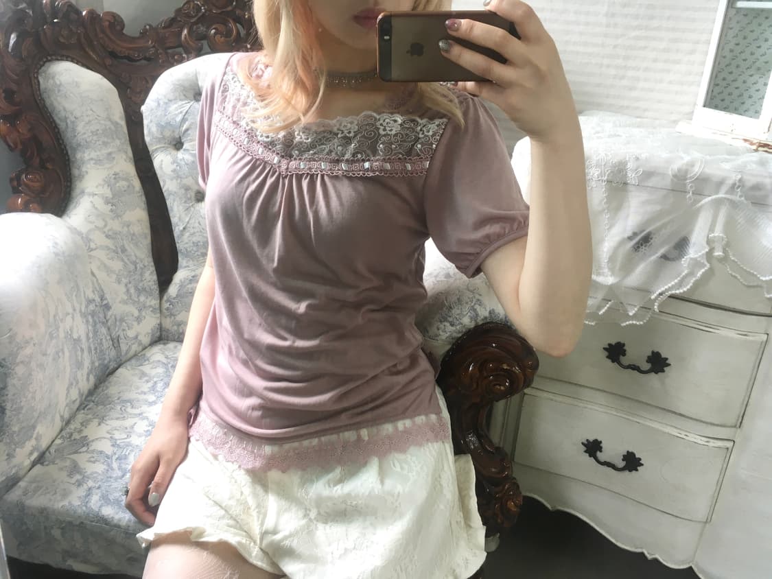 일본빈티지 히메 핑크 레이스 아일렛 퍼프 티셔츠 상품이미지3