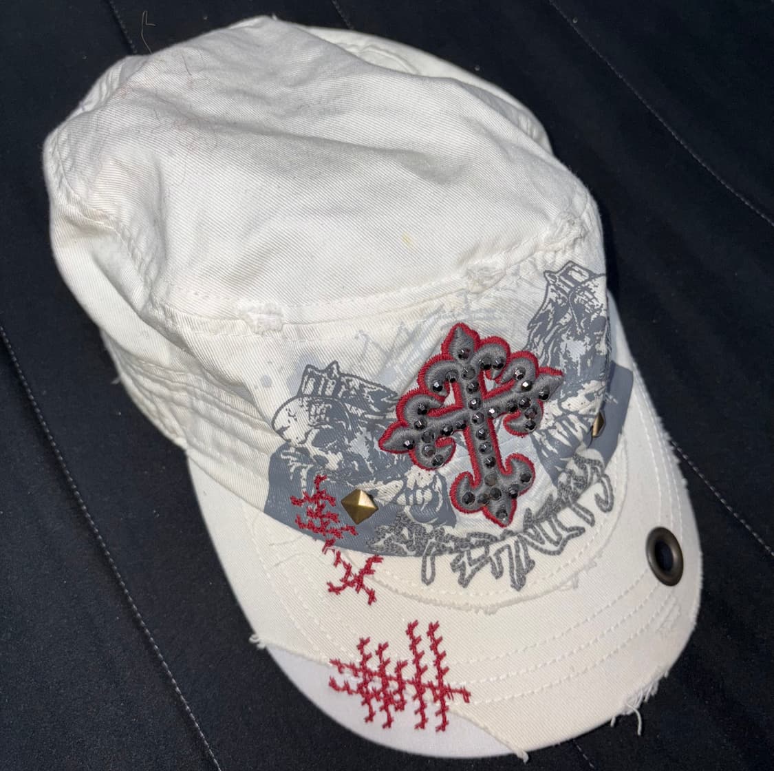 화이트 십자가 자수 캡 모자 펑크 빈티지 상품이미지1