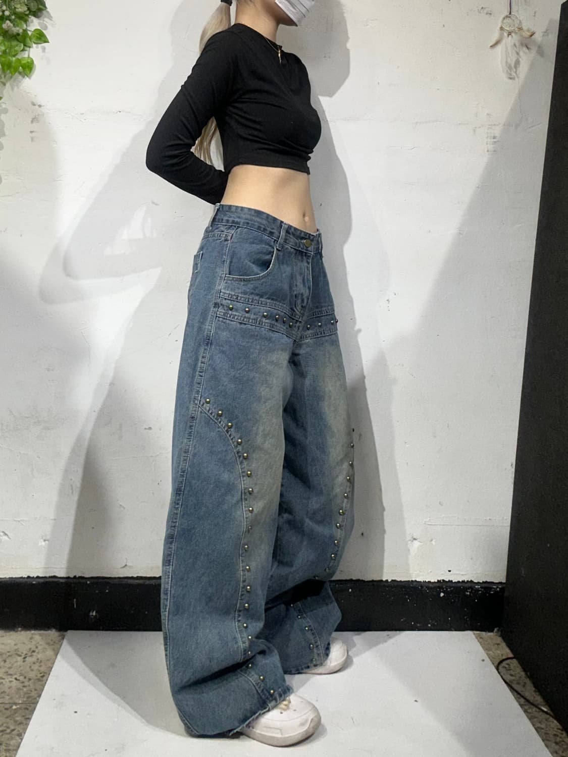 빈티지 y2k 중청 스터드 포인트 워싱 와이드 데님 팬츠 L 상품이미지1