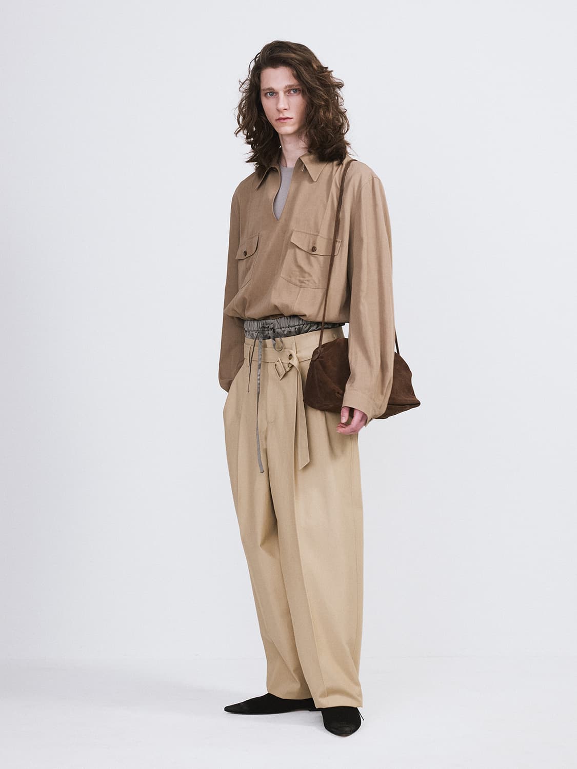 렉토 26SS 하이웨스트 벨티드 팬츠 카키 베이지 상품이미지2