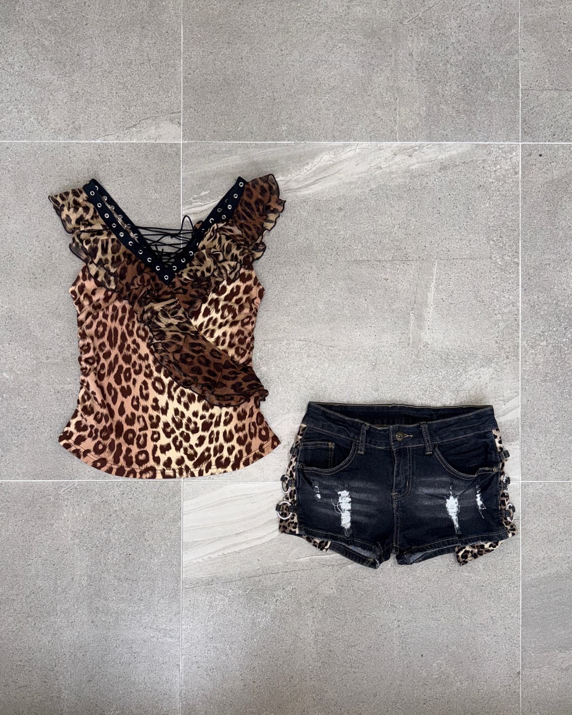 Brown leopard frill laceup sleeveless  상품이미지1