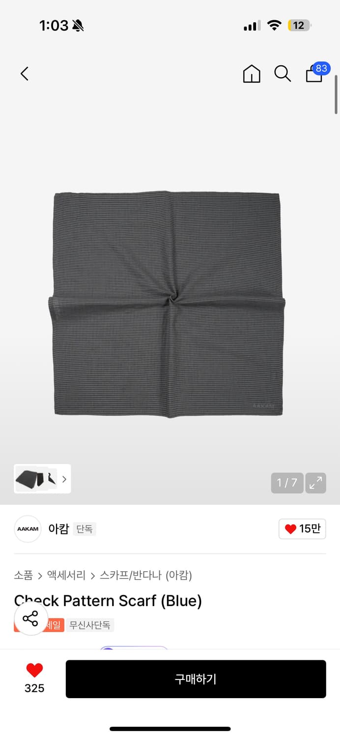 아캄 체크 패턴 스카프 블루 Check Pattern Scarf 상품이미지1