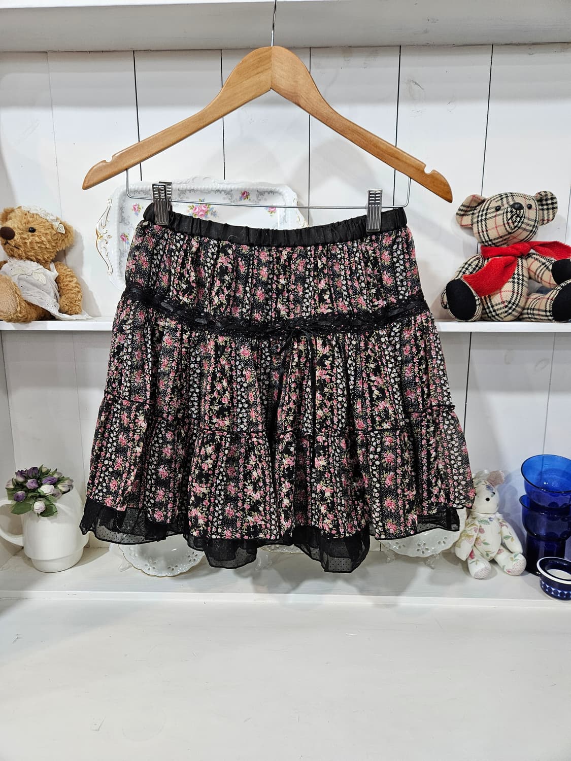 플라워 패턴 미니 스커트 블랙 캉캉 치마 상품이미지1