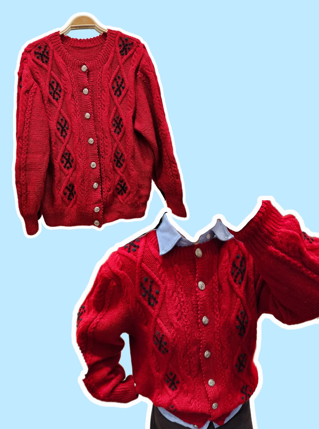 Europe 레드 꽈배기 니트 울 가디건 상품이미지1