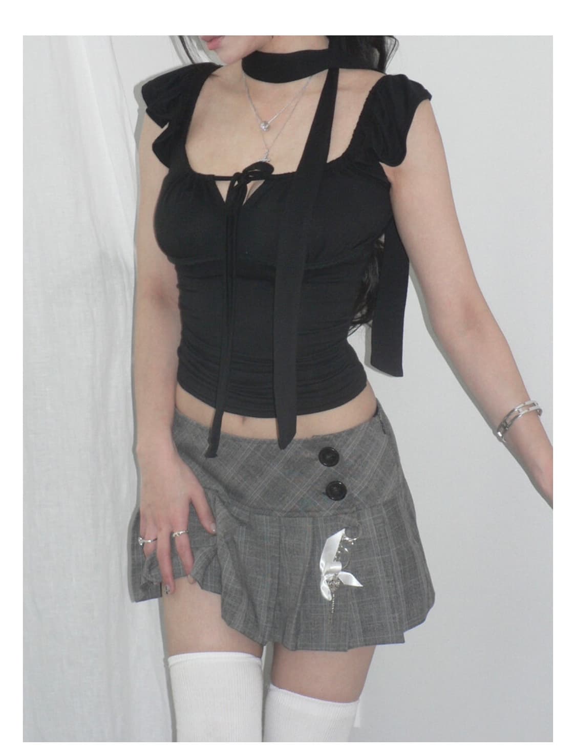 Lace tie top black 상품이미지2
