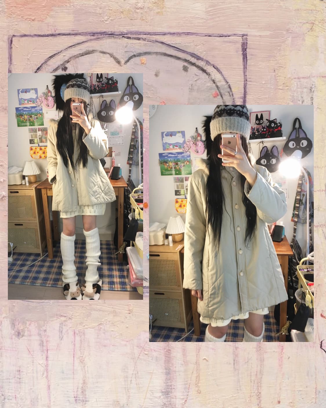 vintage fur hooded quilting outer ivory 상품이미지1