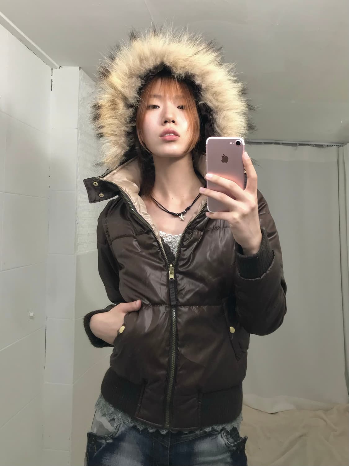 빈티지 글로시 딥 브라운 울프 리버시블 숏 패딩 상품이미지1