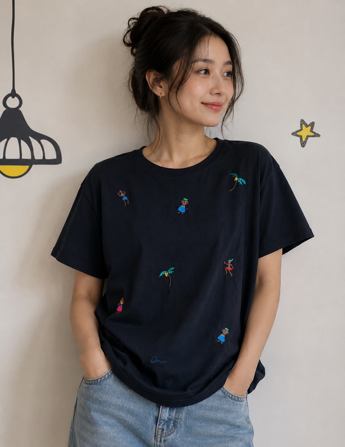 Atelier Doree 하와이안 훌라댄스 자수 블랙 반팔 티셔츠 상품이미지1