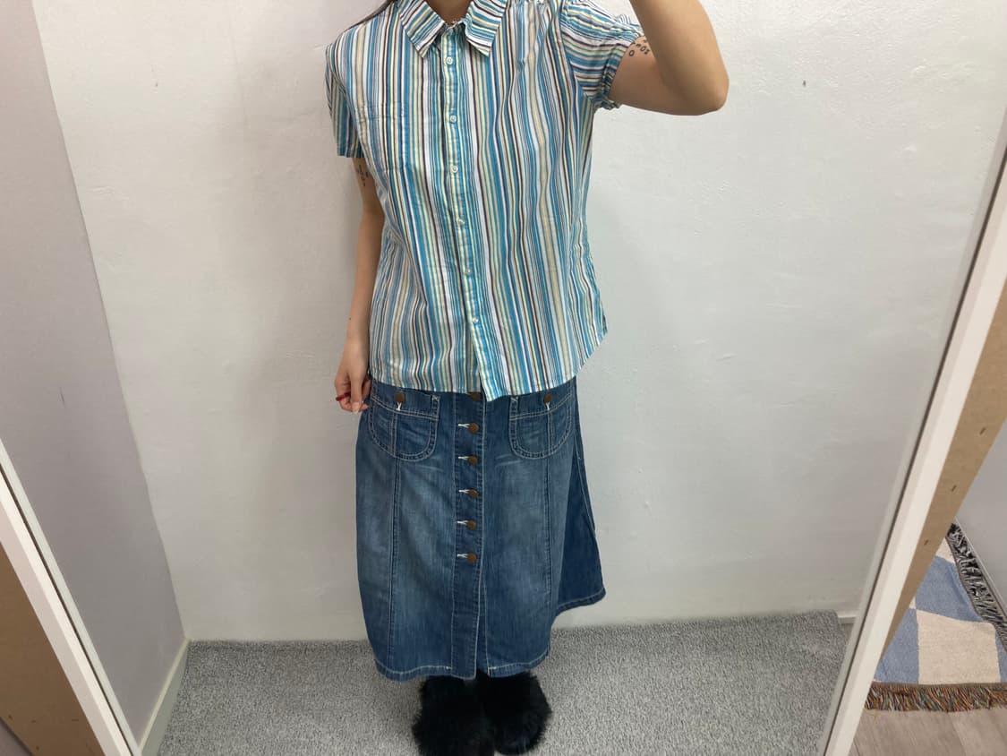 하늘 스트라이프 빈티지 반팔셔츠 상품이미지2