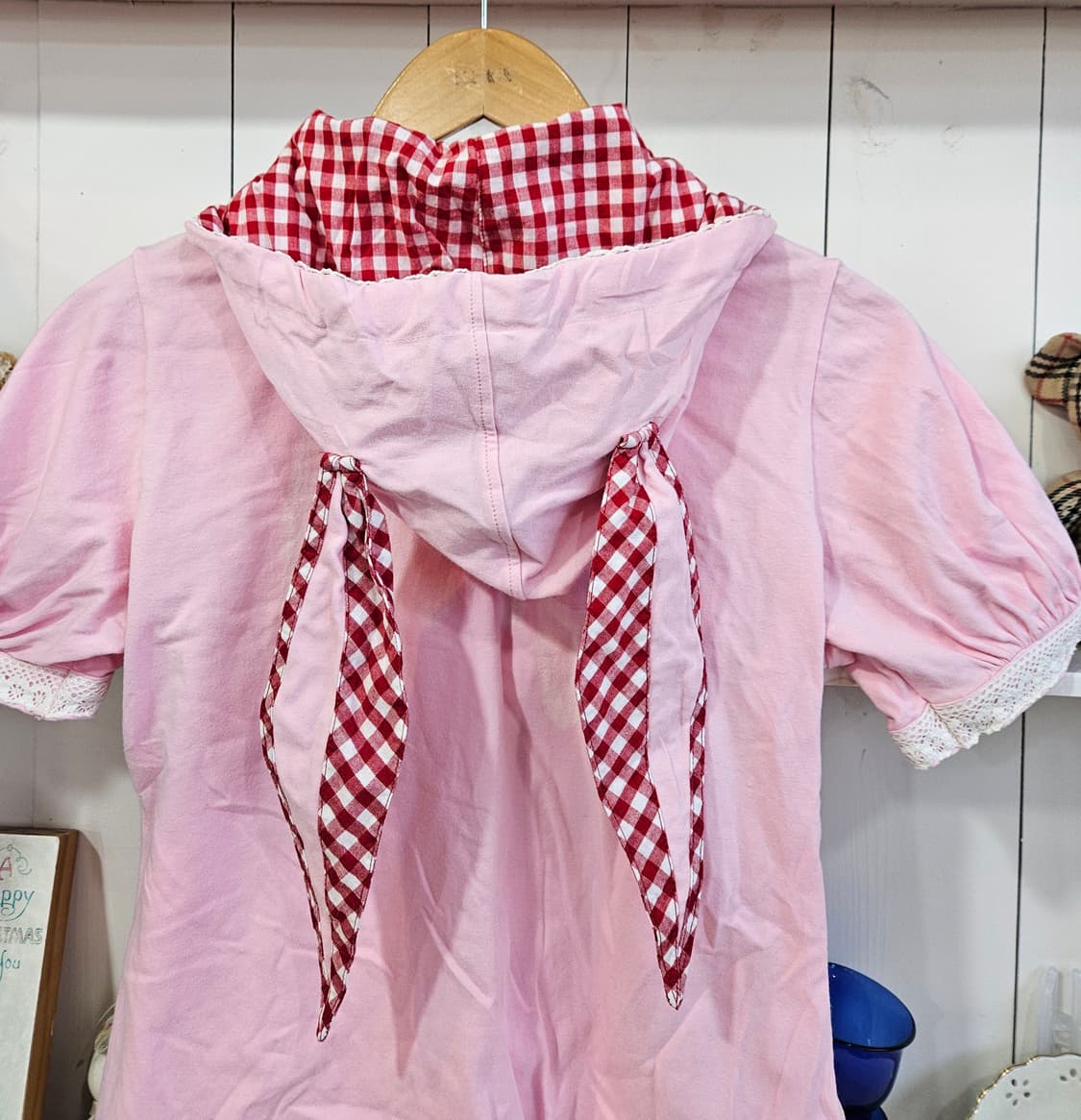 (BODY LINE) 토끼후드 하트 체크 반팔 후드탑 상품이미지6