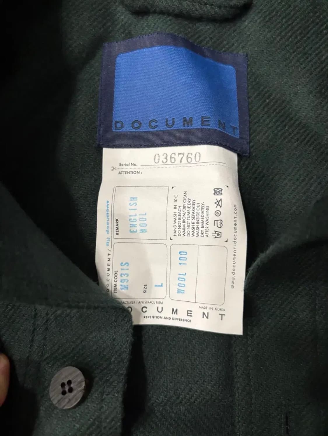 도큐먼트 잉글리시 울 셔팅 자켓 L사이즈 상품이미지2
