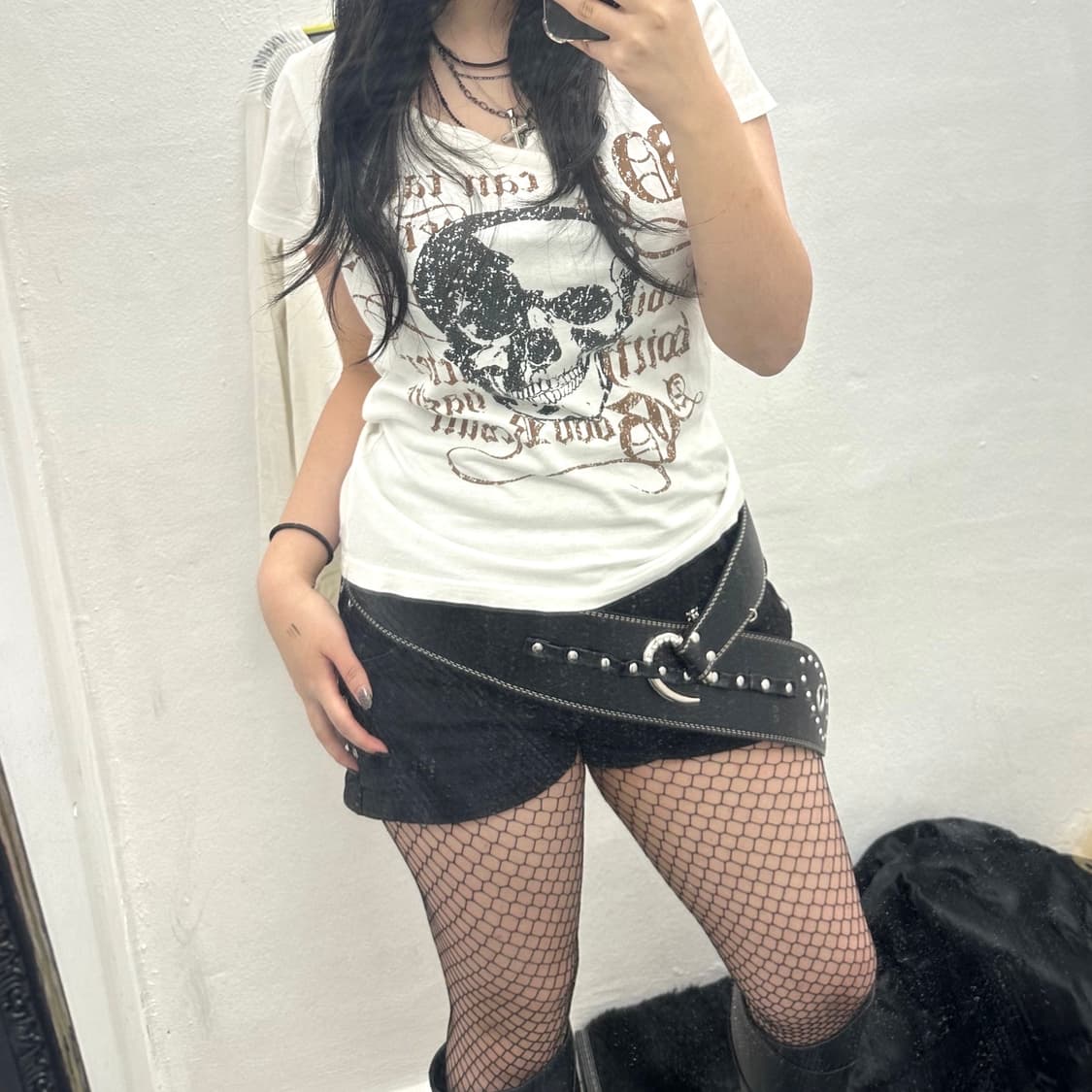 갸루 펑크 해골 반팔 티 상품이미지1