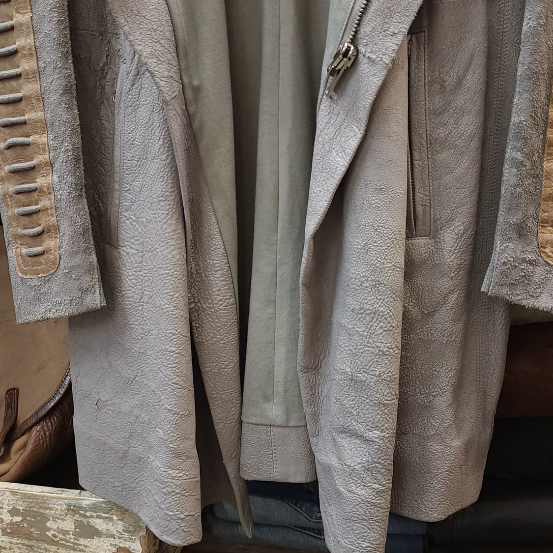릭오웬스 10FW 아카이브 램스킨 하이넥 레더코트 그레이 42 상품이미지5