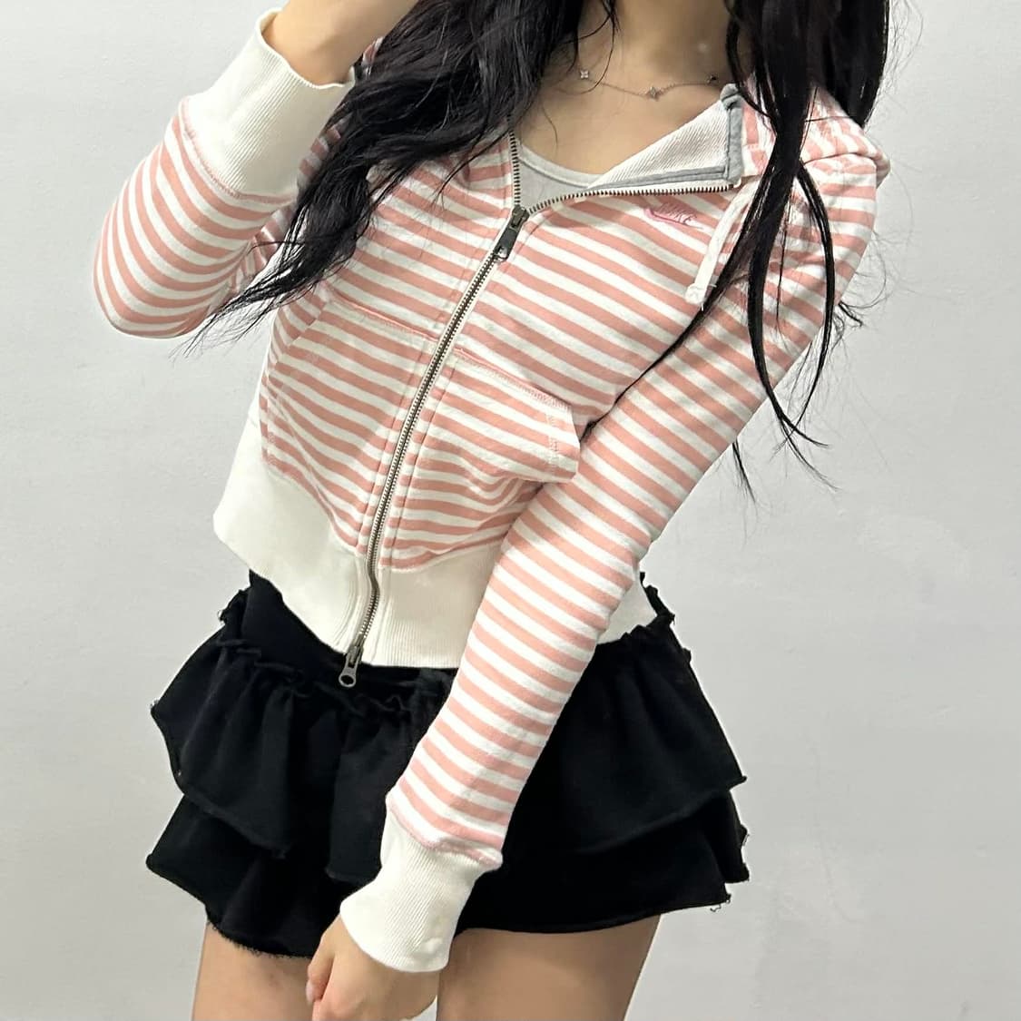 나이키 y2k 베이비핑크 스트라이프 걸즈 여리핏 후드집업 희귀져지(S) 상품이미지2