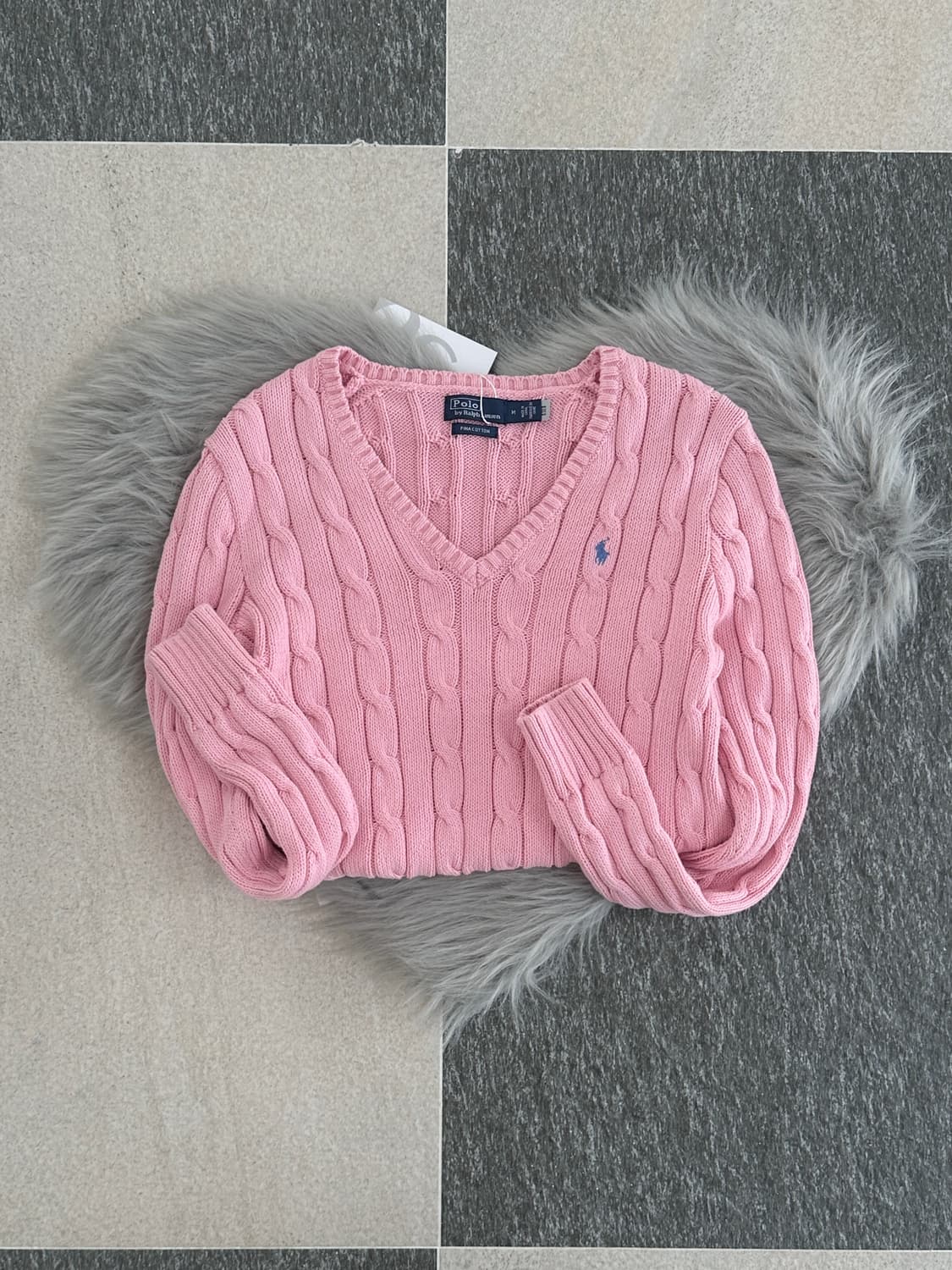 폴로 랄프로렌 연핑크 V넥 피마코튼 케이블 니트  상품이미지4