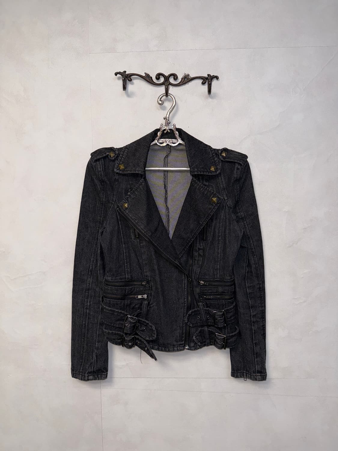 Black denim double buckle rider jacket  상품이미지3