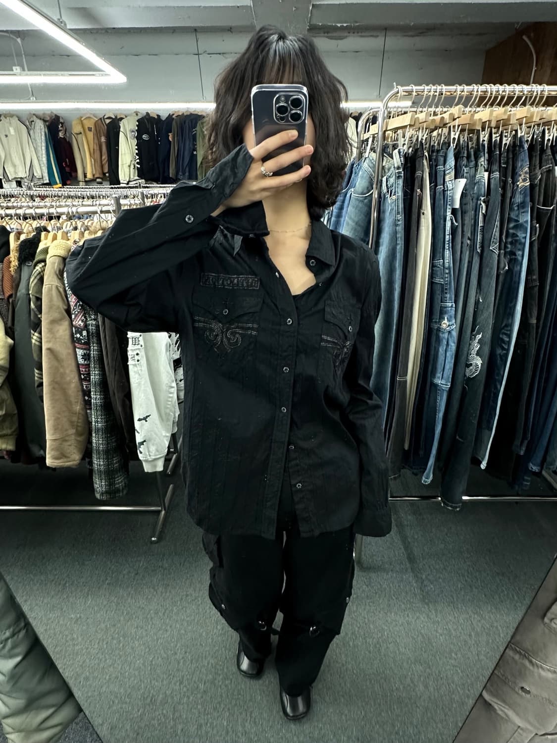 XL)Affliction 빈티지 레더 프린팅 블랙 셔츠 상품이미지2