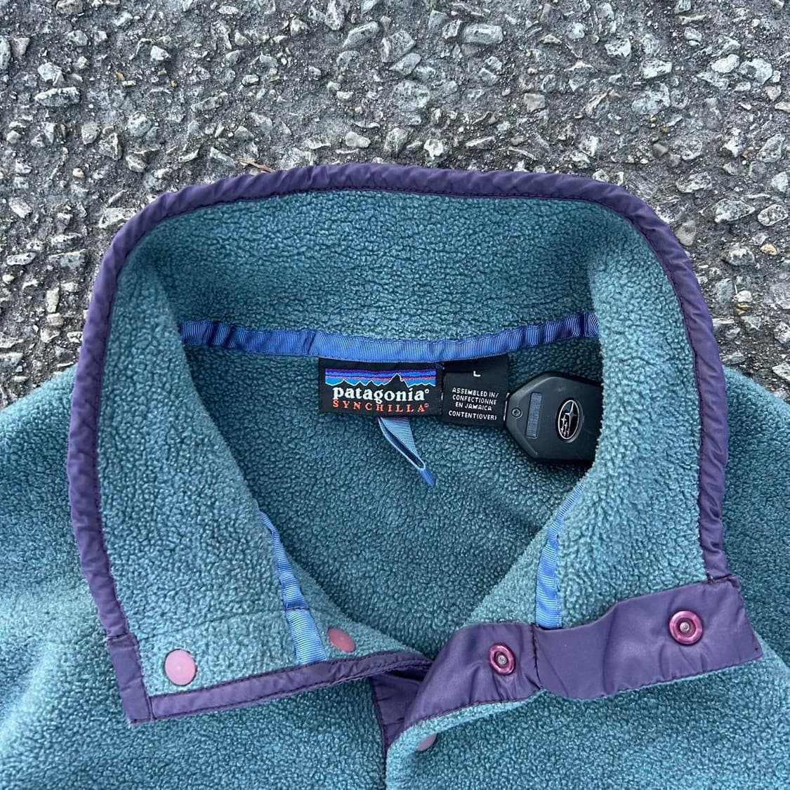 90s 자메이카 파타고니아 신칠라 스냅-T 블루그린/퍼플 상품이미지3