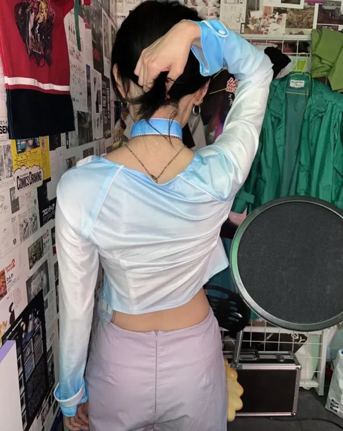 키집 사이버 펑크 애니 초커 탑 긴팔 크롭 티셔츠 상품이미지3