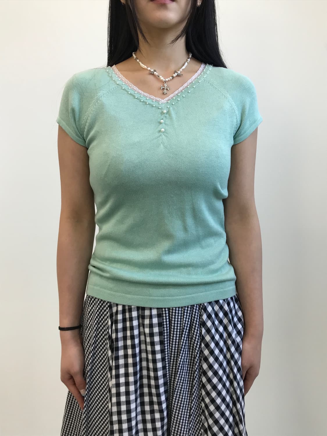 Jpn Mint Lace Trim Pearl Button Knit Top 상품이미지2