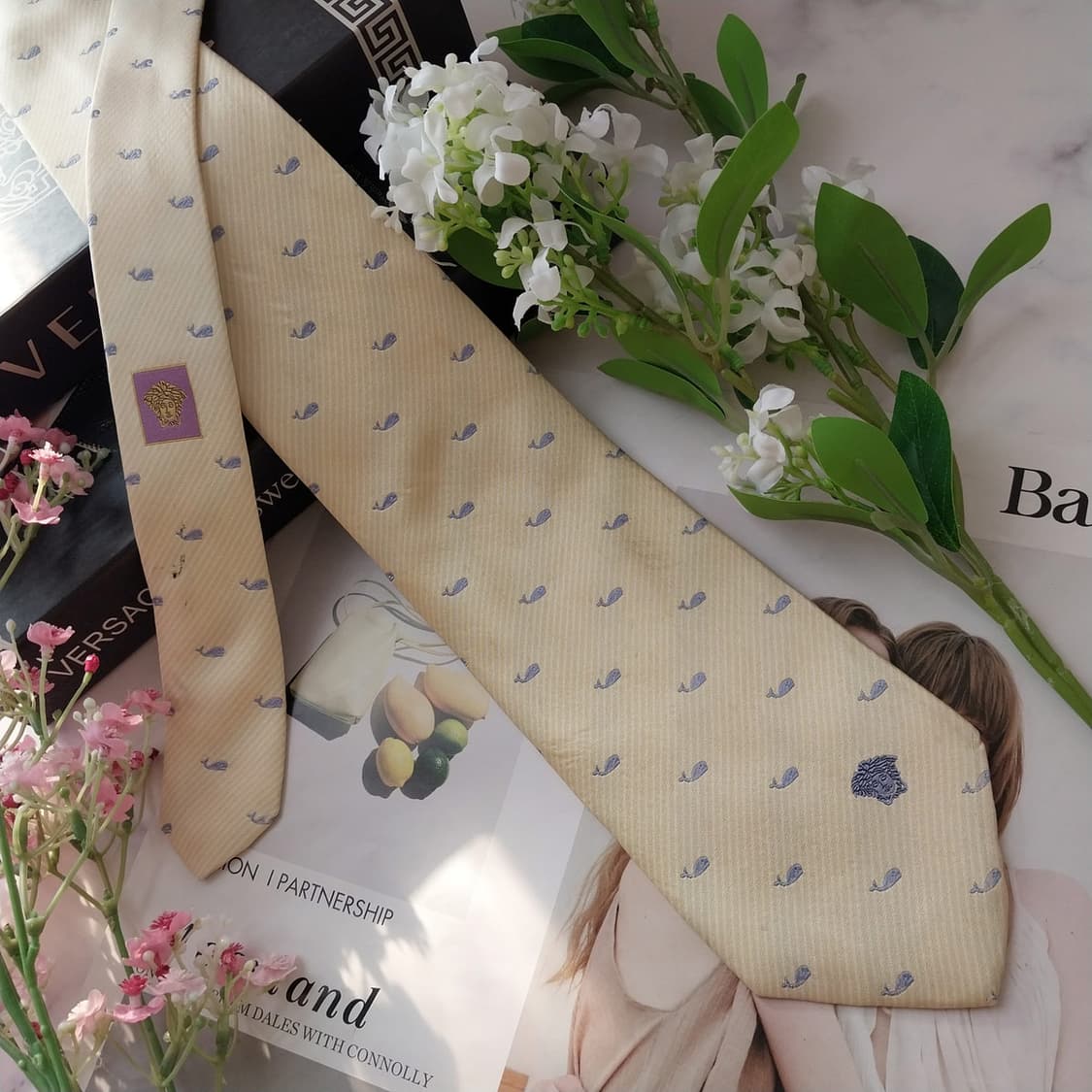 베르사체 실크 레몬 올오버 고래 패턴 넥타이 9.1cm B등급 K1918 상품이미지2