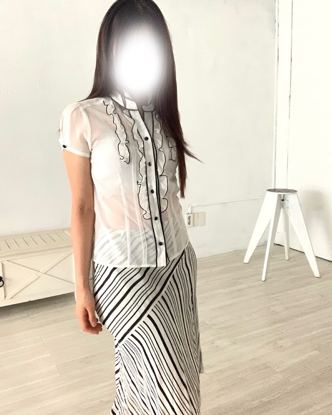 Black Trim White see-through Blouse 상품이미지6